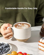 HASENSE 15 oz Ribbed Stackable Ceramic Coffee Mug Set of 4, White & Light Brown Cups with Metal Holder, Dishwasher & Microwave Safe for Cappuccino Tea Hot Cocoa, Wedding Housewarming Gifts - Image 6