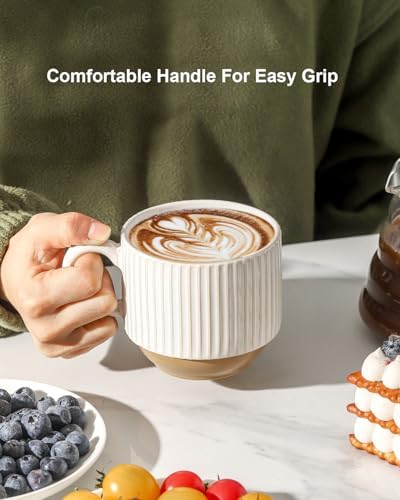 HASENSE 15 oz Ribbed Stackable Ceramic Coffee Mug Set of 4, White & Light Brown Cups with Metal Holder, Dishwasher & Microwave Safe for Cappuccino Tea Hot Cocoa, Wedding Housewarming Gifts - Image 6