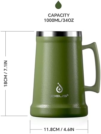 Ideus Insulated Beer Stein, 24/34oz Stainless Steel Double Walled Beer Mug Giant Bar Drinkware Metal Beer Cup with Big Grip Handle (Olive Green, 34oz (1,000ml)) - Image 4