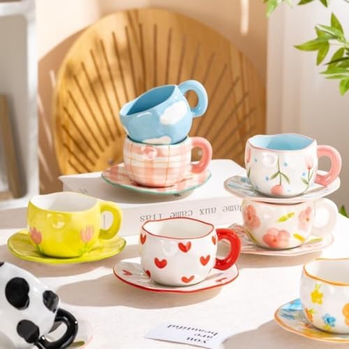 Ceramic Coffee Cup and Saucer Set, 10oz Cute Heart Pattern Tea Cup with Handle, Hand-Painted Porcelain Mug for Latte, Cappuccino, Espresso, Office & Home, Ideal Gift for Women - Image 5