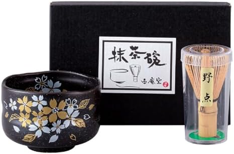 Japanese Traditional Mino Ware Handcrafted Mini Matcha Chawan Tea Bowl Cup Set With Chasen Bamboo Tea Whisk Ceremony Tableware Pottery (Tenmoku Sakura) by WarakuFuuka
