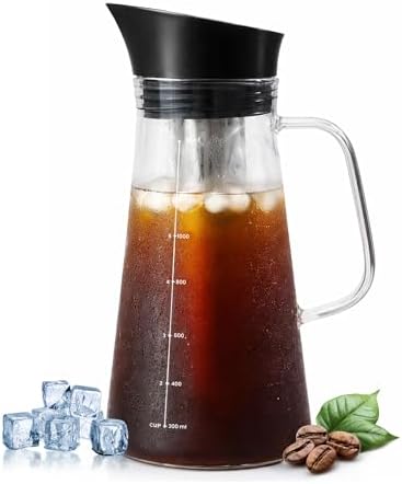 Glass Cold Brew Coffee Maker 1L/33oz - Borosilicate Glass Pitcher with Stainless Steel Filter, No Plastic Taste, Airtight Lid & Ergonomic Handle, Fits Fridge Door, Iced Coffee & Tea Maker by Unknown