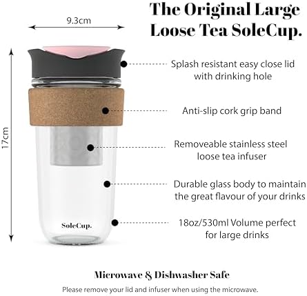 Large Travel Mug Loose Tea Infuser - Detachable Tea Strainer with Spill Proof Lid - 18oz/530ml BPA-Free Reusable Glass Travel Coffee Cup with Cork Band (Gray and Pink, 18oz) - Image 2