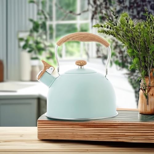 Whistling Stainless Steel Diamond Pattern Tea Kettle with Wood Grain Anti Heat Handle, Stainless Steel Cover Wood Grain Nylon Cover Top Tea Pot (Green) - Image 5