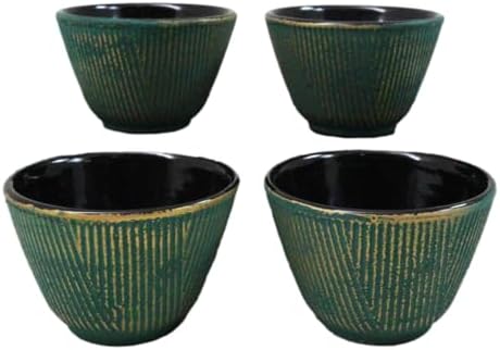 Ebros Gift Pack Of 4 Japanese Traditional Tetsubin Style Textured Surface Cast Iron Tea Cups Teacups Drinkware Tea Service Far East Decorative Accent (Green With Gold Hues) - Image 2