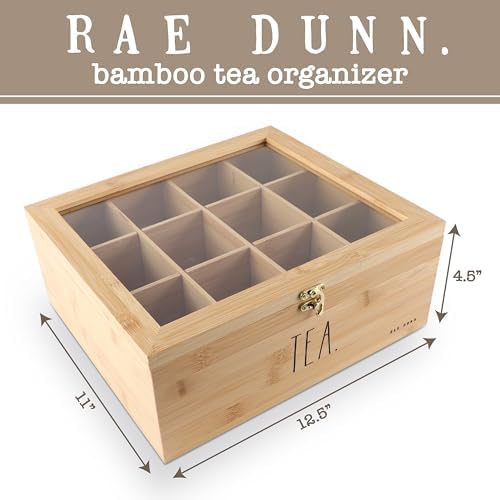 Rae Dunn Tea Bag Organizer - Tea Box Divided Storage Container Box with Hinge Lid for Kitchen Cabinet, Countertop, Pantry, Hold Coffee Pods, Seasoning Packets, Condiments, Bamboo - Image 2