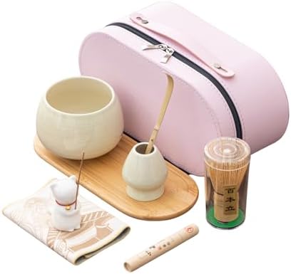 Matcha Whisk Set, Zen Travel Ceremony Kit with Cat Figurine & Incense, 9-Piece Portable Set with Bowl, Bamboo Whisk & Bag (E) by Unknown