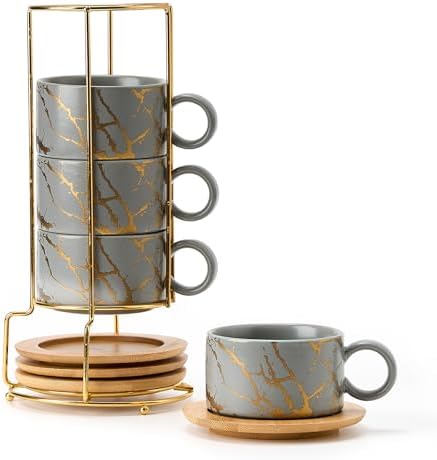 LUKA 6 Ounce Porcelain Stackable Espresso Cups with Saucers and Metal Stand Set of 4, Ceramic Cappuccino Cups Set for Specialty Coffee Drinks, Latte, Cafe Mocha and Tea, Gray by LUKA