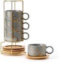 LUKA 6 Ounce Porcelain Stackable Espresso Cups with Saucers and Metal Stand Set of 4, Ceramic Cappuccino Cups Set for Specialty Coffee Drinks, Latte, Cafe Mocha and Tea, Gray by LUKA