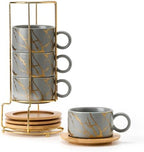 LUKA 6 Ounce Porcelain Stackable Espresso Cups with Saucers and Metal Stand Set of 4, Ceramic Cappuccino Cups Set for Specialty Coffee Drinks, Latte, Cafe Mocha and Tea, Gray by LUKA