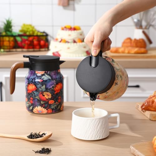 LemonRoad 2 Pcs 35 oz Vintage Floral Pattern Tea Pot with Infuser | Stainless Steel Insulated Tea Pot with Lid and Wooden Handle Thermal Carafe for Hot Drinks Coffee(Pink, Orange) - Image 4