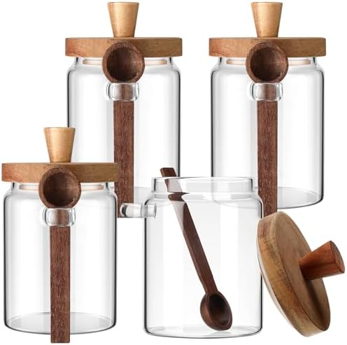 Remerry Set of 4 Glass Jar with Wooden Lid and Spoon, 20 oz Coffee Bean Tea Sugar Jar Set, Clear Airtight Spice Canisters Glass Food Storage Kitchen Containers for Coffee Bean Tea Sugar by Remerry