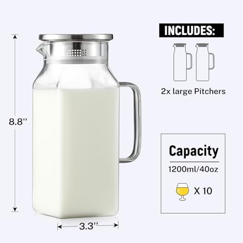 Netany 2 Pack 1.2 Liters/40 oz Small Square Glass Pitcher with Lid and Handle for Fridge, Iced Tea and Coffee Carafe Storage Container, Resistant to Hot and Cold Borosilicate Jug - Image 2