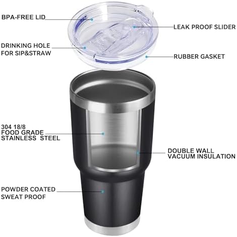 DOMICARE 30oz Tumbler Bulk with Lid and Straw, Double Wall Travel Coffee Mug, Insulated Vacuum Stainless Steel Tumblers, Powder Coated Tumbler Cup (Black, 8) - Image 5