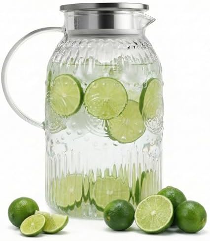 Bandesun Vintage Glass Pitcher with Lid, 128oz/ 1 Gallon Water Pitcher with Handle for Fridge Heat Resistant Borosilicate Water Jug, Carafe for Hot/Cold Coffee, Tea,Beverage 1Pack by Bandesun
