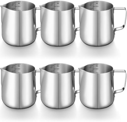Honeydak 6 Pcs Milk Frothing Pitcher 304 Stainless Steel, 12oz, Silver by Honeydak
