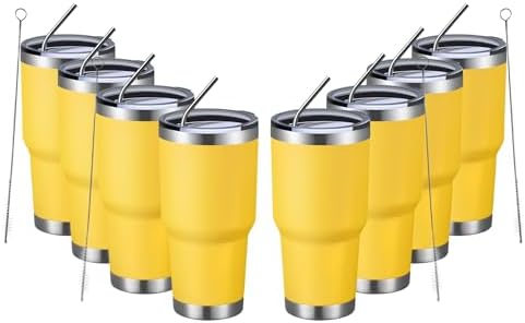 MEWAY 30oz Insulated Tumbler With Lids and Straws,Stainless Steel Double Vacuum Coffee Tumbler Cup, Brush, Durable Powder Coated Coffee Cup for Cold & Hot Drinks, Office, Travel(Yellow,8 PACK) by MEWAY