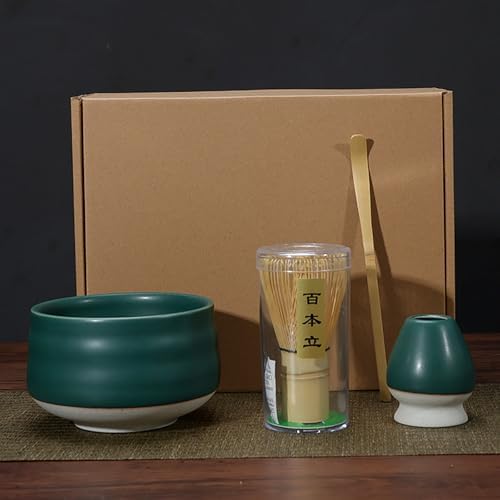 4Pcs/set Matcha Blender Set Bamboo Tea Brush Teaspoon Ceramic Tea Bowl Tea Stand Matcha Tool Set Dark Green by POWLAB