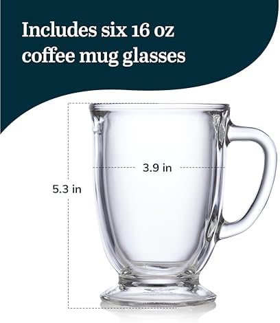 Libbey Kona Glass Coffee Mugs Set of 6, Elegant 16 Ounce Clear Tea Cup Set , Dishwasher Safe Glass Mugs with Handles for Tea, Coffee,and Espresso - Image 3