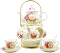 20-Pieces Porcelain Bone china Tea Sets,Gold Rim Coffee Set with Golden Metal Rack,Tea Gift Sets for Home&Party (008) by TATSUMI