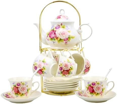 20-Pieces Porcelain Bone china Tea Sets,Gold Rim Coffee Set with Golden Metal Rack,Tea Gift Sets for Home&Party (008) by TATSUMI
