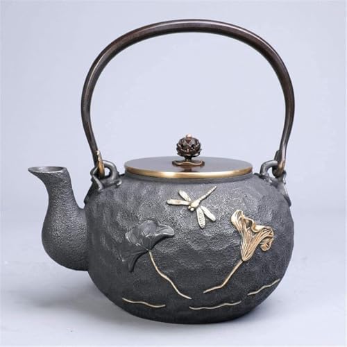 Cast Iron Tetsubin Teapot 1.2L Handmade Dragonfly & Lotus Leaf Design With Copper Lid, Healthy Brewing Tea Kettle - Image 2