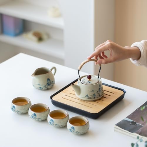Chinese Gongfu Tea Set, 7-Piece Ceramic Set with Landscape Design, Travel Case, Spill-Proof Tray, Gift Box - Image 4