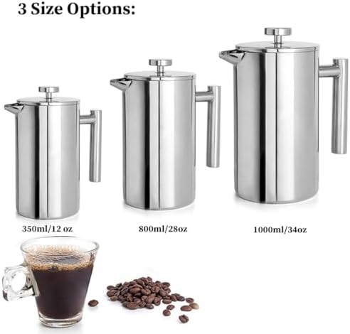 French Press Coffee Maker Silver Double Walled Coffee Press With 3 Filter Screen Stainless Steel French Press Precision Filtration For Coffee & Tea, Home, Travel(1000ml/34oz) - Image 3