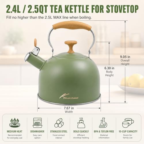 Whistling Tea Kettle, 2.5 Qt Stovetop Teapot, Olive Green - Image 3