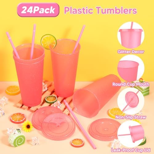 24 Pack Plastic Tumblers with Lids and Straw, Reusable Cups with Lids and Straws Colorful Cups for Cold Drink Iced Coffee, Plastic Tumbler Bulk for Party Birthday Gifts (24 oz, Light Pink) - Image 3