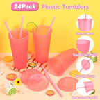 24 Pack Plastic Tumblers with Lids and Straw, Reusable Cups with Lids and Straws Colorful Cups for Cold Drink Iced Coffee, Plastic Tumbler Bulk for Party Birthday Gifts (24 oz, Light Pink) - Image 3