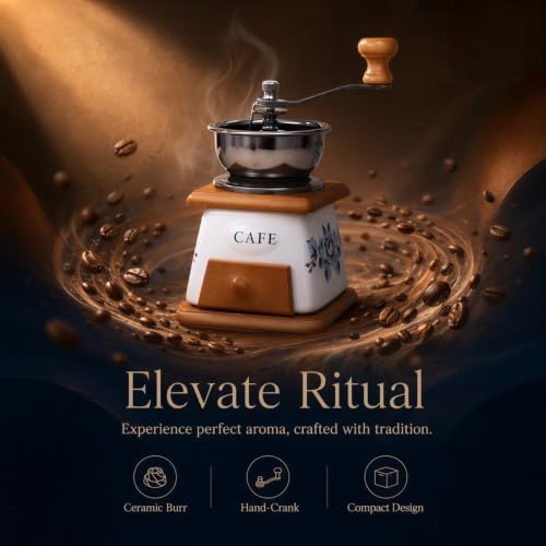 Manual Vintage Ceramic Burr Coffee Grinder with Wooden Base and Drawer, Mini Coffee Grinder with Stainless Steel Bowl, Floral Cafe Pattern, Hand Crank, For Home Kitchen, Travel, Office - Image 2