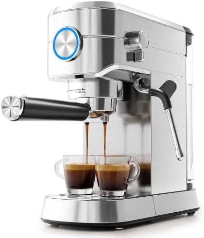 Kismile Compact 20 Bar Espresso Machine with Milk Frother, Single & Double Shot, 1350W Fast Thermoblock Heating System, Semi-Automatic for Home Baristas, Latte & Cappuccino, Premium Stainless Steel by Kismile