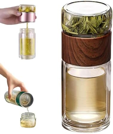 3-in-1 Smart Tea Infuser Bottle, Double Wall Glass Tea Cup with Removable Strainer, Leak-Proof Portable Loose Leaf Tea Maker, Separation Design for Office, Travel & Home (Wooden, 420ML) by Unknown