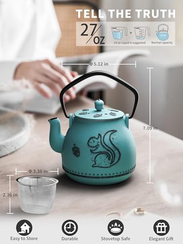 Toptier Teapot with Removable Infuser, Cast Iron Tea Kettle Stovetop Safe, Squirrel Design Tea Pot Coated with Enameled Interior for 32 Ounce (950 ml), Blue - Image 4