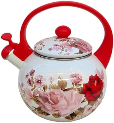 Whistling Enamel Stovetop Tea Kettle, Classic Enameled Steel Kettle with Ergonomic Anti-Scald Handle, Floral Teapot(Red) by Unknown