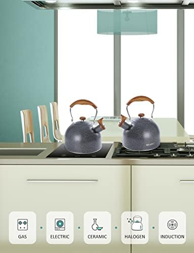 Tea Kettle, BELANKO 85 OZ / 2.5 Liter Whistling Tea Kettle, Tea Pots for Stove Top Food Grade Stainless Steel with Wood Pattern Folding Handle, Loud Whistle Kettle for Tea, Coffee, Milk - Gray - Image 6
