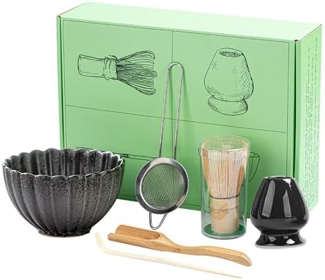 6Pcs/set matcha blender set bamboo tea brush teaspoon ceramic tea bowl tea stand matcha tool set dark gray by POWLAB