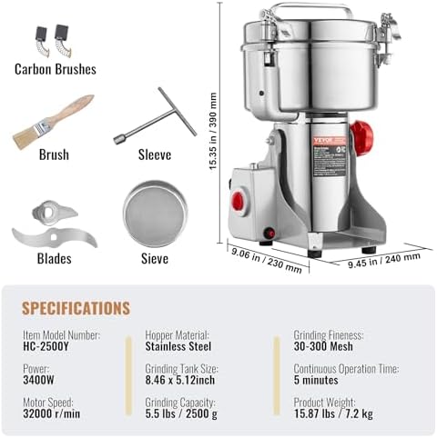 VEVOR 2000g Electric Grain Mill Grinder, High Speed 3400W Commercial Spice Grinders, Stainless Steel Pulverizer Powder Machine, for Dry Grains Spices Cereals Coffee Corn Pepper, Swing Type - Image 7
