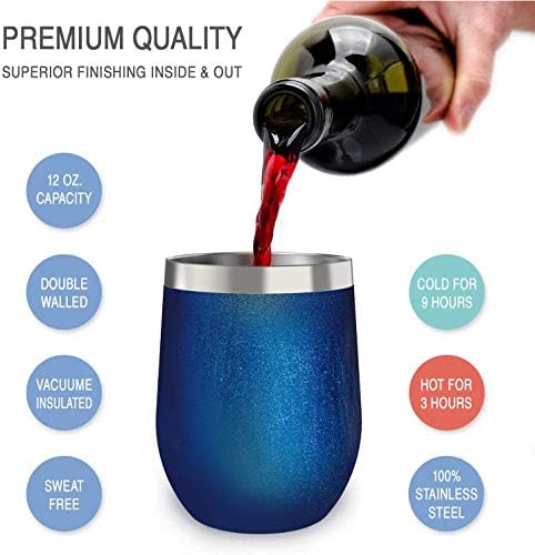 CHILLOUT LIFE 12 oz Stainless Steel Wine Tumblers 4 Pack - Double Wall Vacuum Insulated Wine Glasses Cups with Lids and Straws Set Keeping Cold & Hot for Coffee, Beer, Ice Cream - Blue Sparkle - Image 2