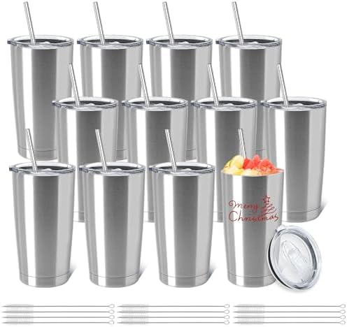 YOUKE OLA 12 Pack Insulated Coffee Tumbler Stainless Steel Double Wall Vacuum Travel Tumbler Cup with Lid and Straw for DIY Gift, Silver 20oz by YOUKEOLA