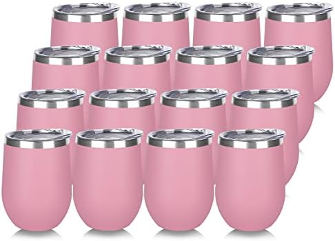 DOMICARE Stainless Steel Wine Tumbler Bulk with Lid, Personalized Insulated Tumblers Set, 12oz Travel Coffee Cups Pack of 16, Pink by VisittheDOMICARE