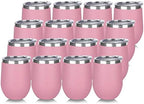 DOMICARE Stainless Steel Wine Tumbler Bulk with Lid, Personalized Insulated Tumblers Set, 12oz Travel Coffee Cups Pack of 16, Pink by VisittheDOMICARE