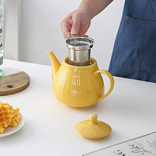 KOOV Ceramic Teapot with Infuser, 40 ounce Tea Pot with Infuser for Loose Tea, Large Enough For 6 Cups, Striped Series (Lemon) - Image 4