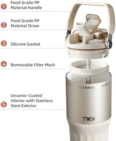 TKK 24 oz Ceramic Coated Tumbler with Straw Lid, 18/10 Stainless Steel Vacuum Leakproof Double Walled Car Cup with Handle & Tea Infuser& Dishwasher Safe, for Hot & Cold Drinks,Porcelain White - Image 3