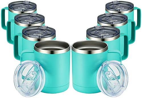 MEWAY 12oz Coffee Mug With Handle 8 Pack Bulk,Stainless Steel Insulated Travel Tumblers With Sliding Lid,Double Wall Vacuum Camping Cup for Hot & Cold Drinks Tea (Light Green,Set of 8) by MEWAY