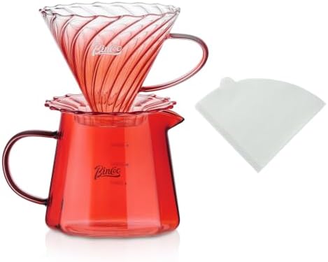 Bincoo Glass Pour Over Coffee Maker Set, Glass Coffee Server Set 600ML, Glass Drip Coffee Pot with Dripper,Paper Filter (Red) by Bincoo