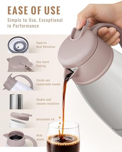 GiNT Thermal Coffee Carafe 51 Oz, Stainless Steel Insulated Beverage Server with Easy-Clean Detachable Lid, Leak-Proof One-Hand Pour Large Dispenser for Hot Drinks and Coffee Pot for Home Office - Image 3