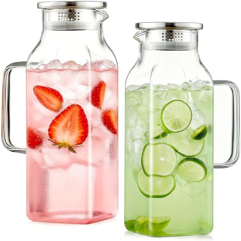 2 Pack 2L/68oz Square Glass Pitchers with Handle and Lid, Borosilicate Jug by Unknown