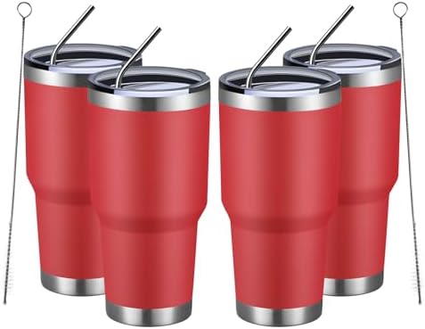 MEWAY 30oz Insulated Tumbler With Lids and Straws,Stainless Steel Double Vacuum Coffee Tumbler Cup, Brush, Durable Powder Coated Coffee Cup for Cold & Hot Drinks, Office, Travel(Coral red,4 PACK) by MEWAY